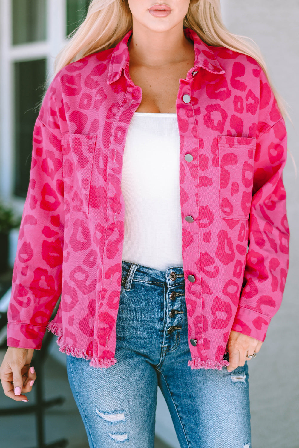 Pink Leopard Print Raw Hem Jacket