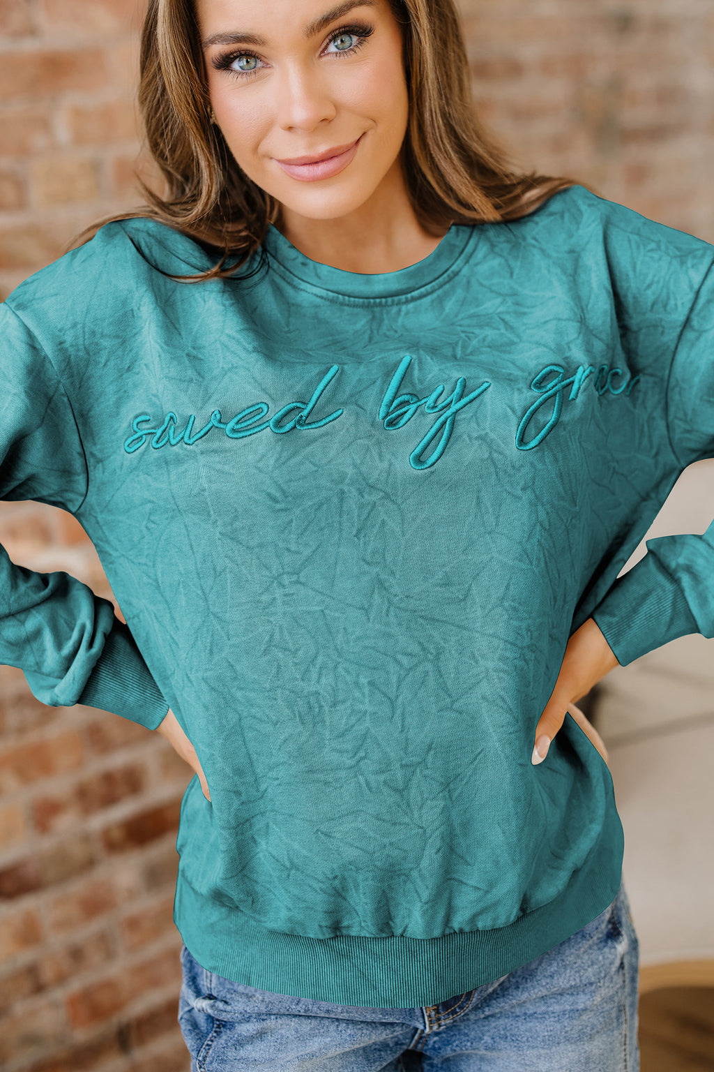 Saved By Grace Embroidered Mineral Wash Sweatshirt