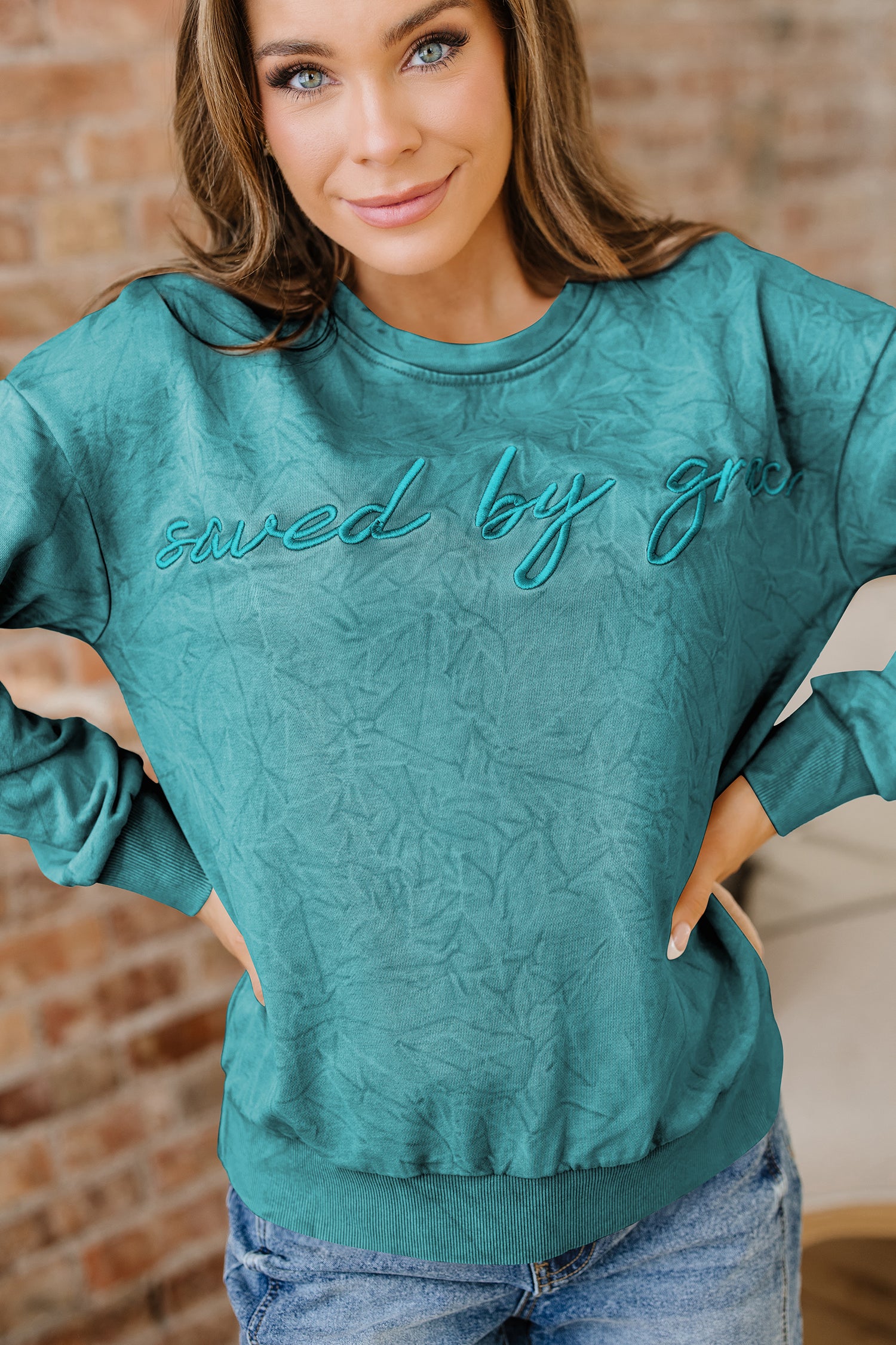 Saved By Grace Embroidered Mineral Wash Sweatshirt