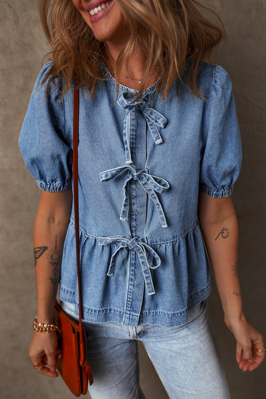Tied Front Bubble Sleeve Denim Shirt