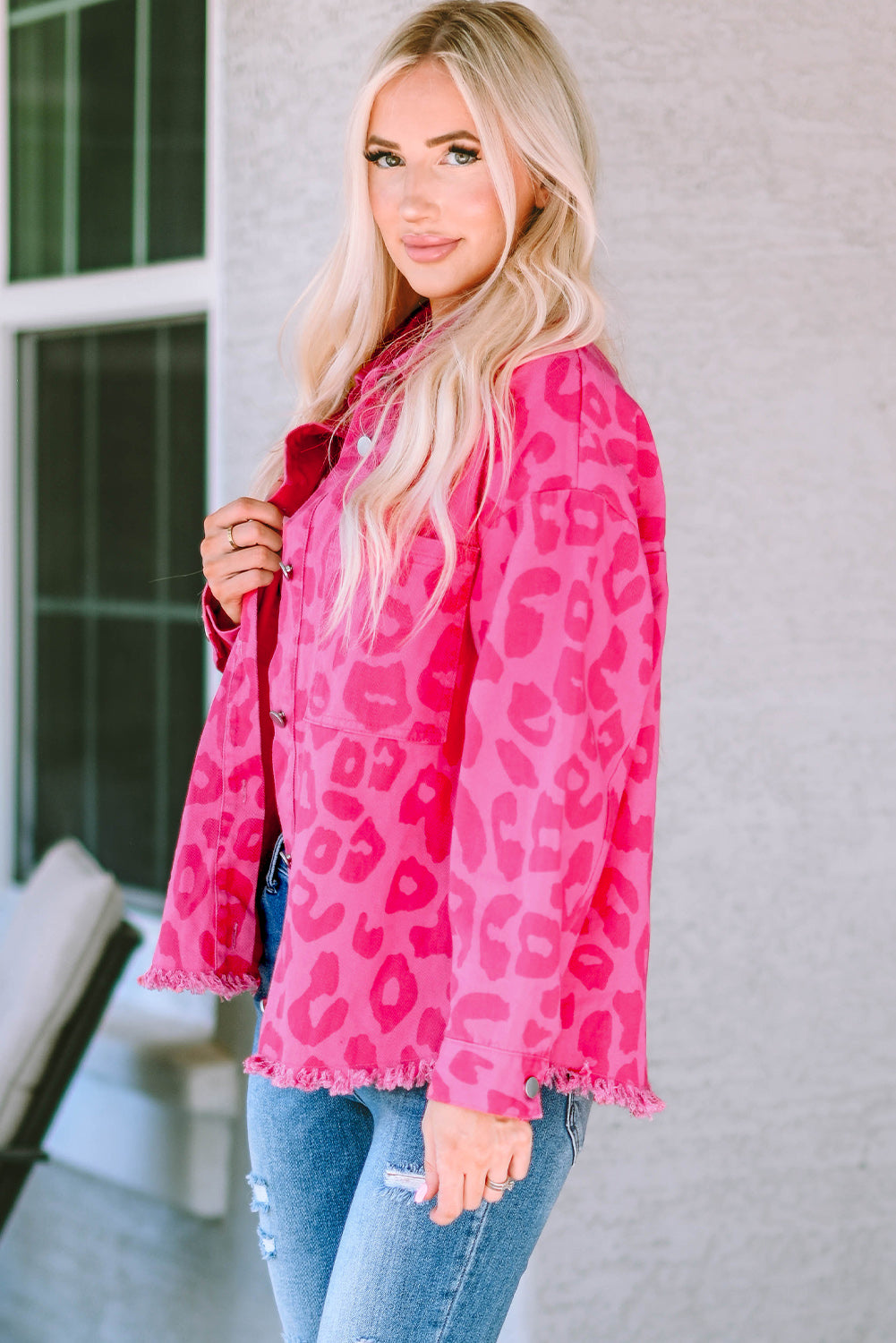 Pink Leopard Print Raw Hem Jacket