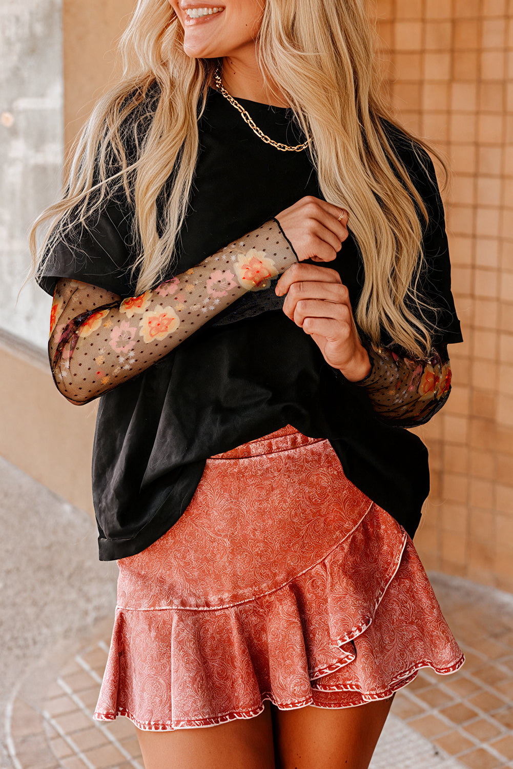 Two Piece Floral Long Sleeve Patchwork Tee