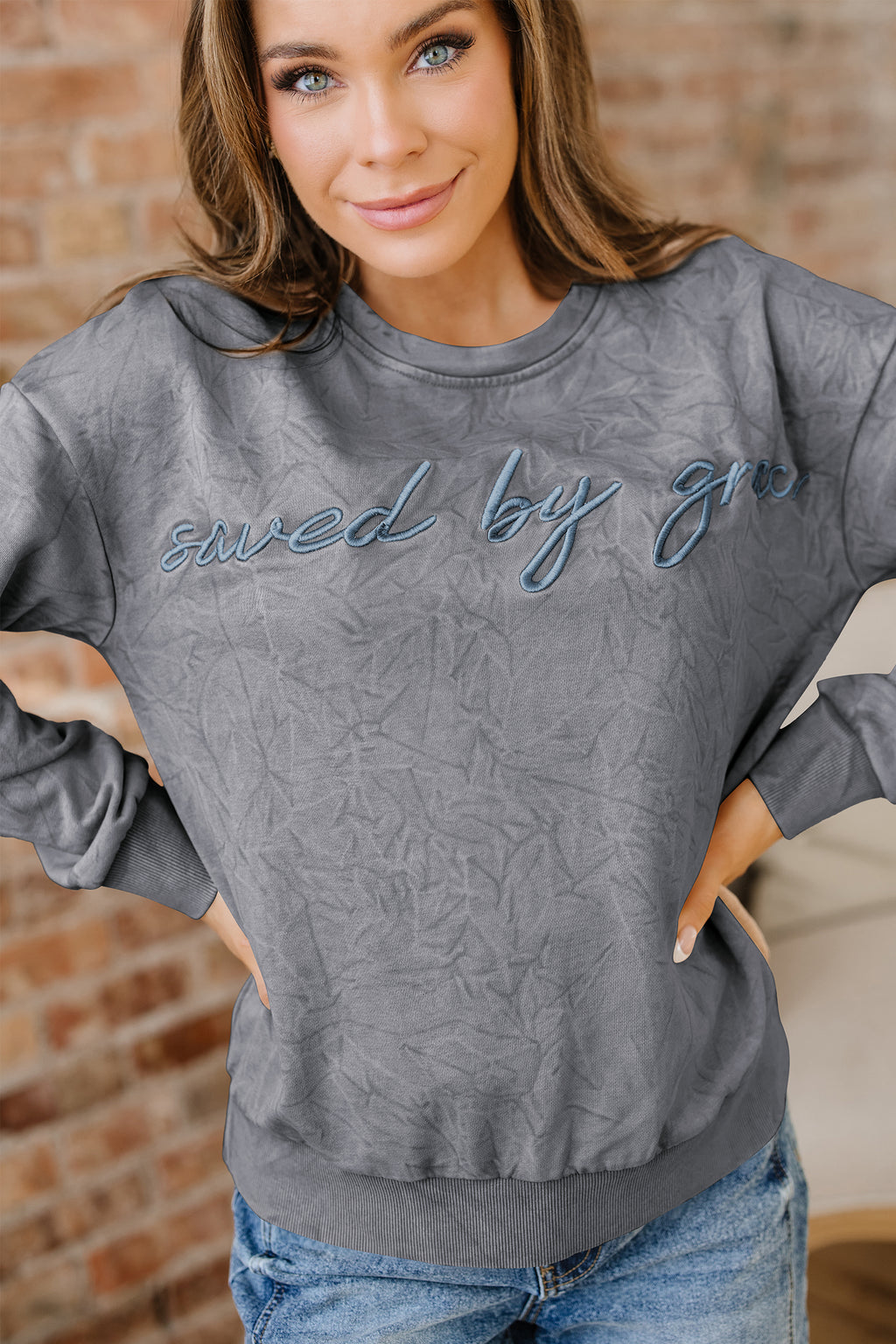 Saved By Grace Embroidered Mineral Wash Sweatshirt