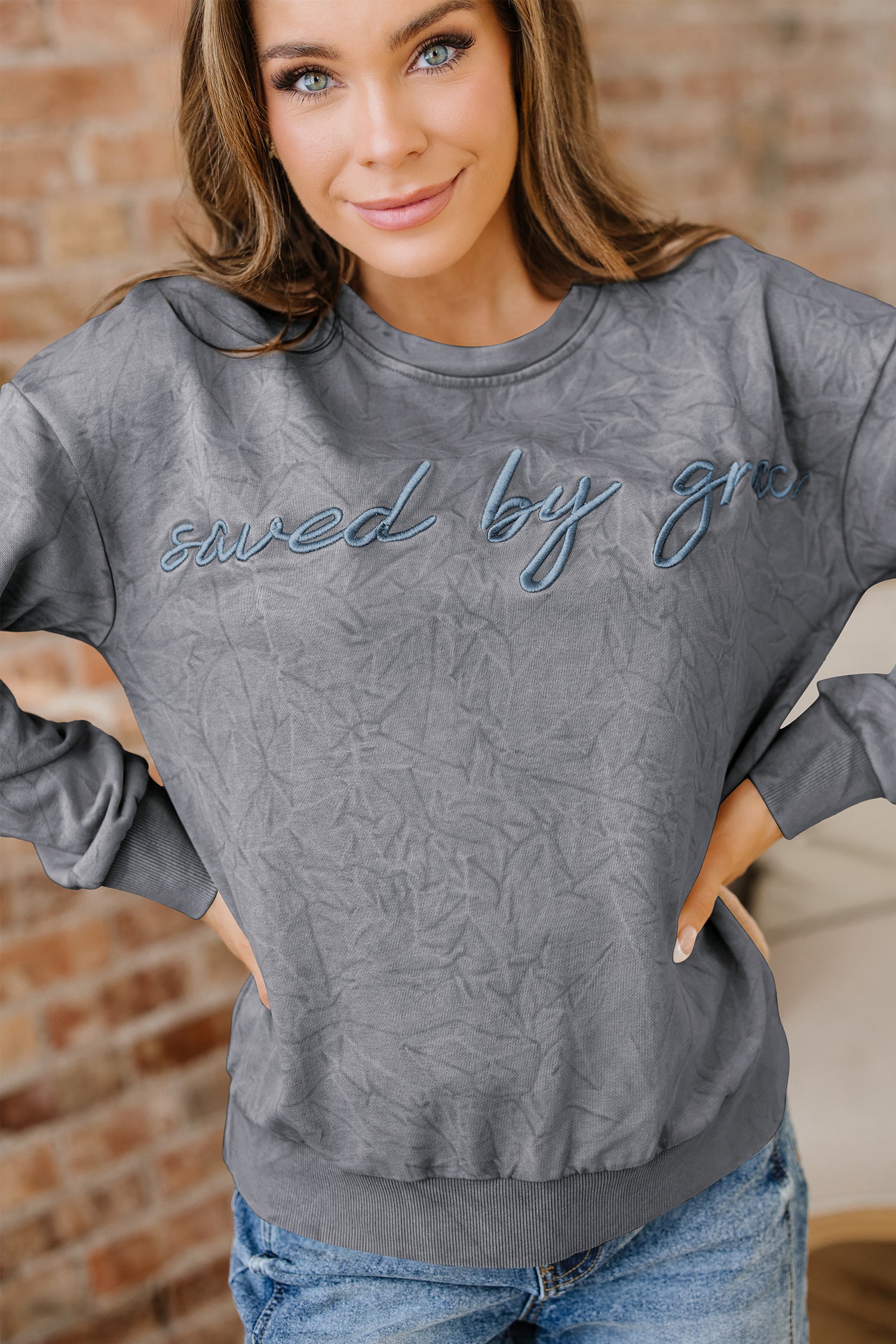 Saved By Grace Embroidered Mineral Wash Sweatshirt