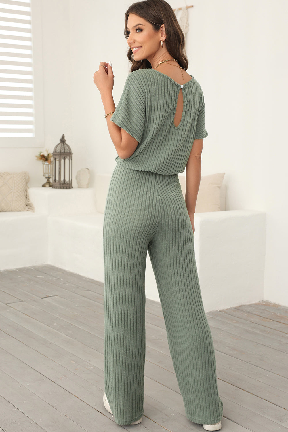 Ribbed Keyhole Short Sleeve Jumpsuit