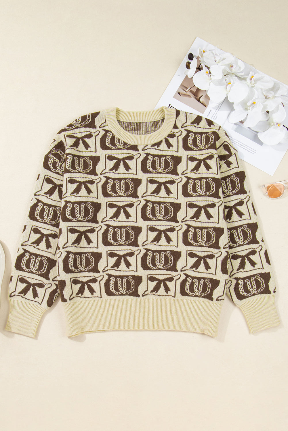 Brown Bow Horseshoe Print Plus Size Sweater