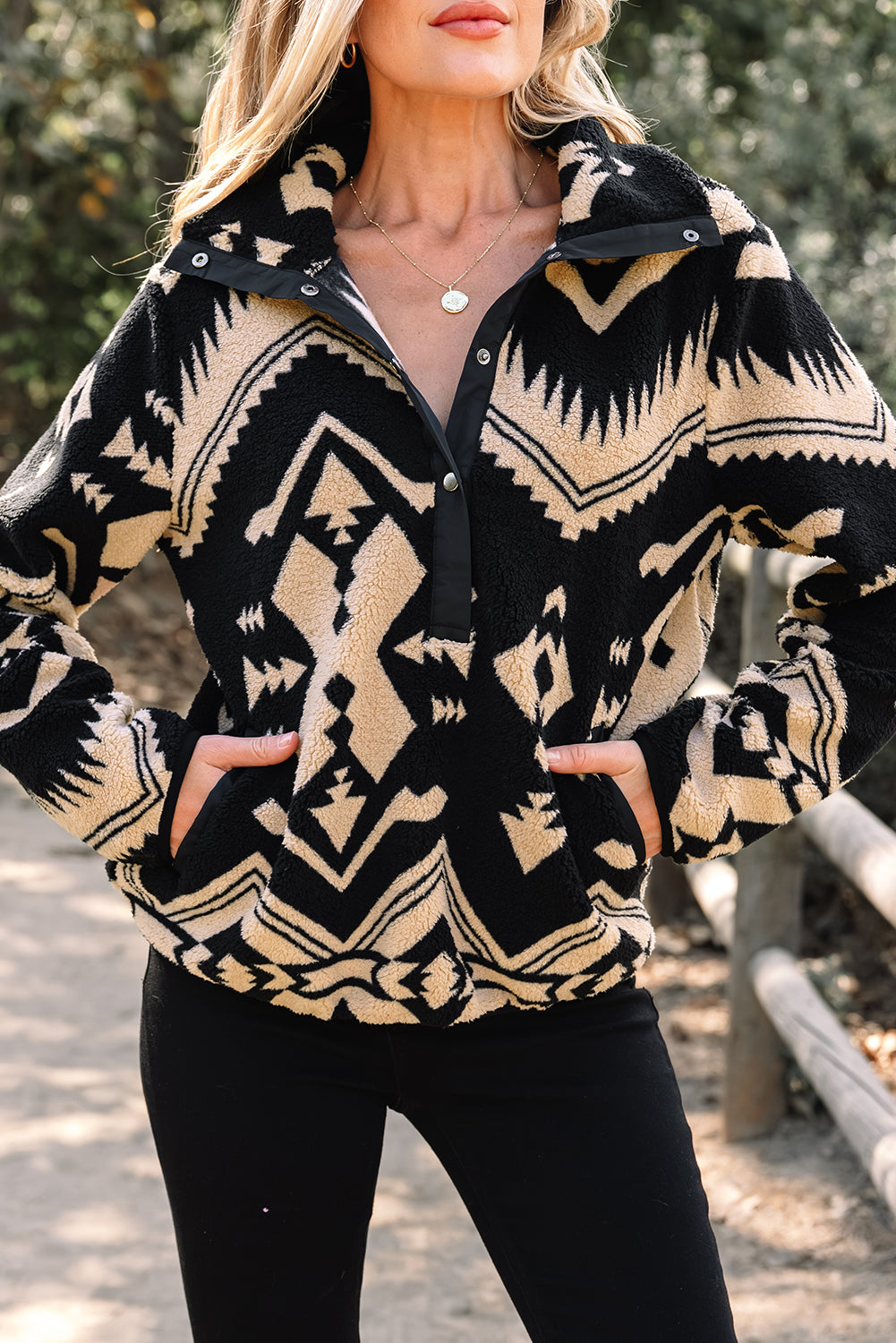 Beige Western Aztec Half Zip Plush Sweatshirt