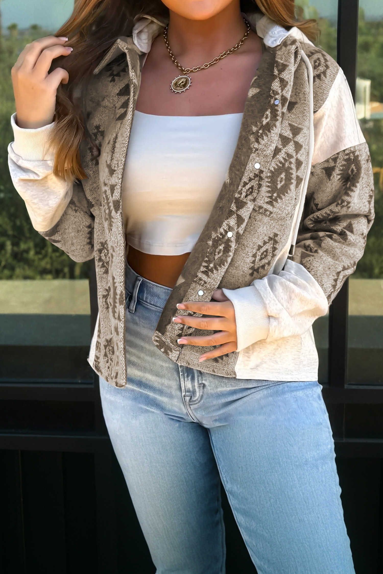 Aztec Print Patchwork Hooded Shacket