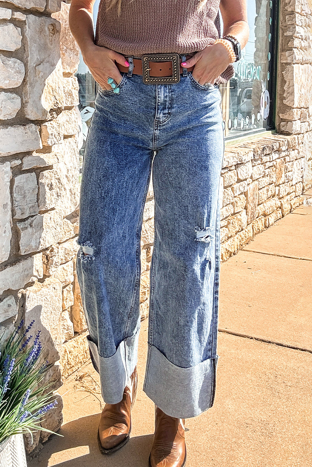 Mineral Wash Bottom Cuff Distressed Wide Leg Jeans