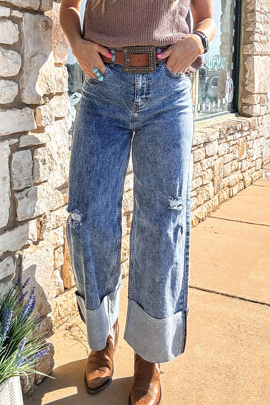Mineral Wash Bottom Cuff Distressed Wide Leg Jeans