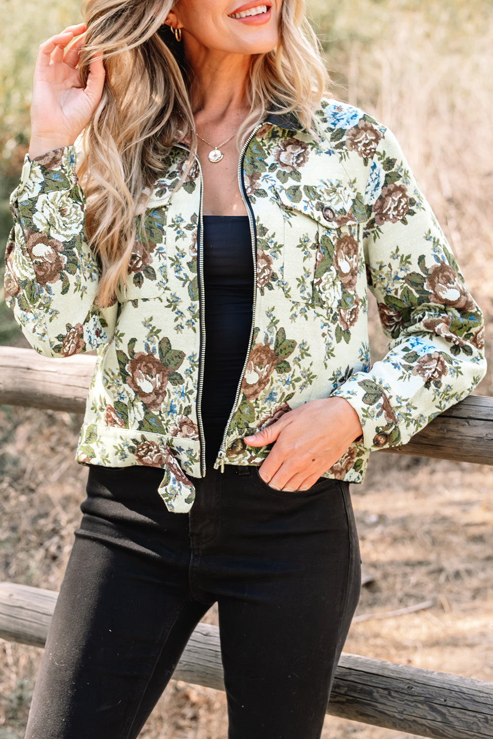 Floral Print Zip Up Collared Jacket