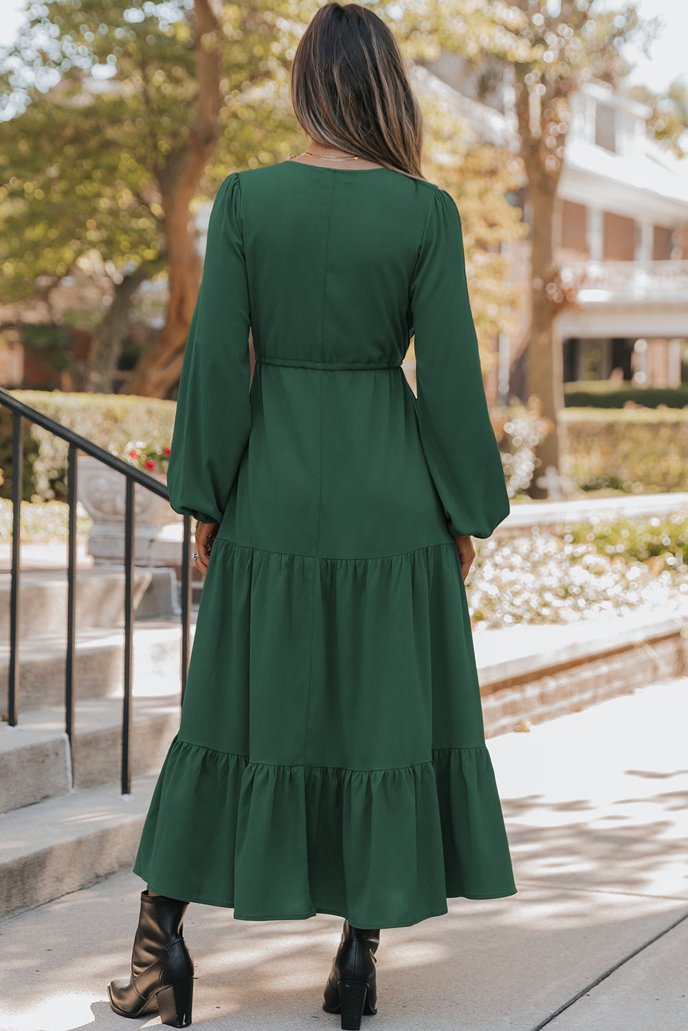 Green Long Sleeve Tiered Maxi Dress