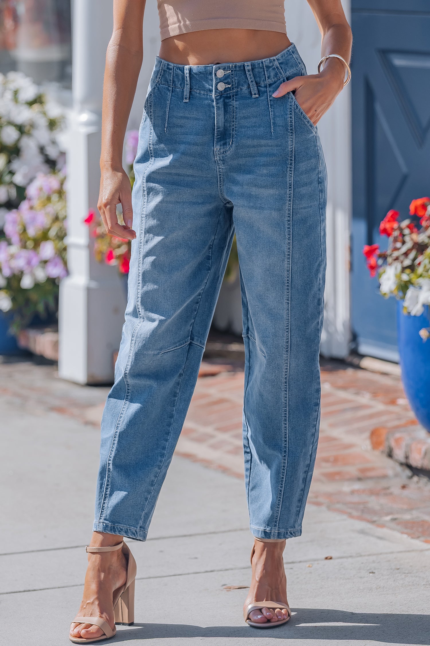 Medium Wash Cuffed Barrel Jeans
