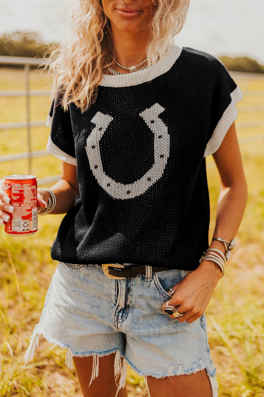 Horse Shoe Pattern Short Sleeve Sweater