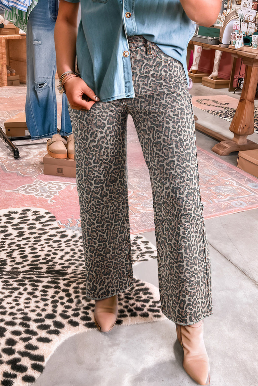 Leopard Frayed Edge Wide Leg High Waist Jeans