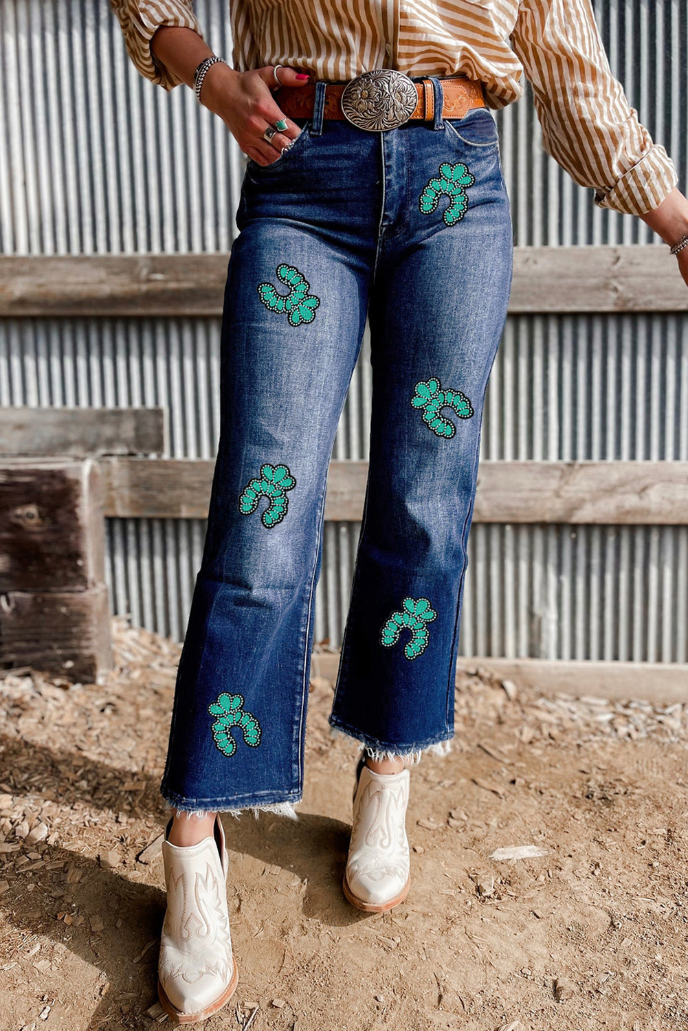 Sail Blue Turquoise Pattern Raw Edge Cropped High Waist Jeans
