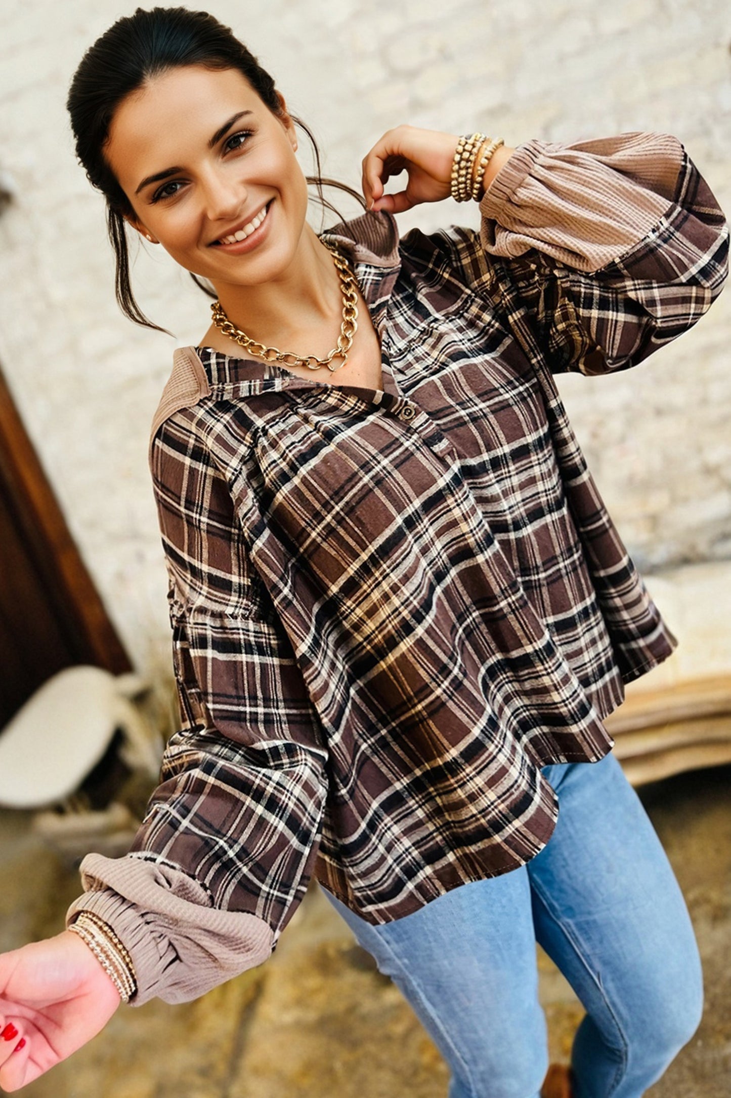 Brown Plaid Long Sleeve Hooded Sweater
