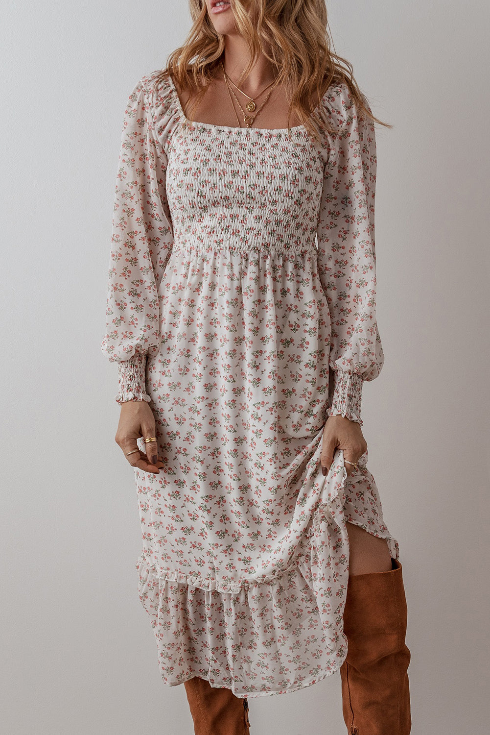 White Floral Print Dress