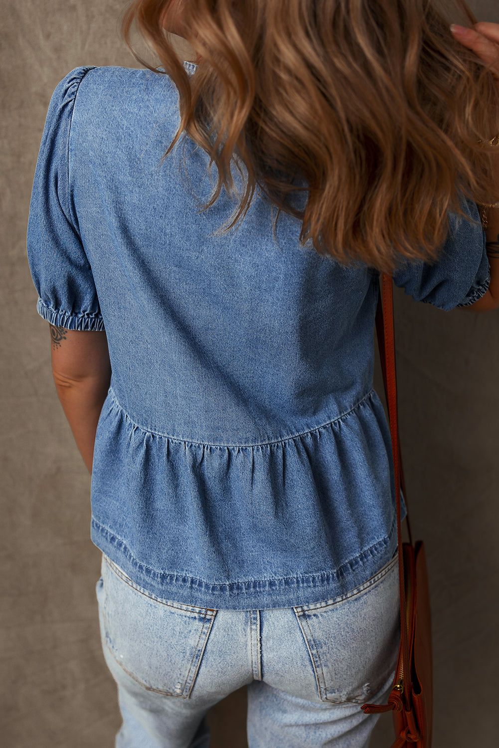 Tied Front Bubble Sleeve Denim Shirt