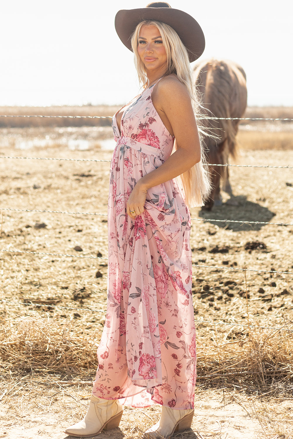 Pink Floral Backless Maxi Dress
