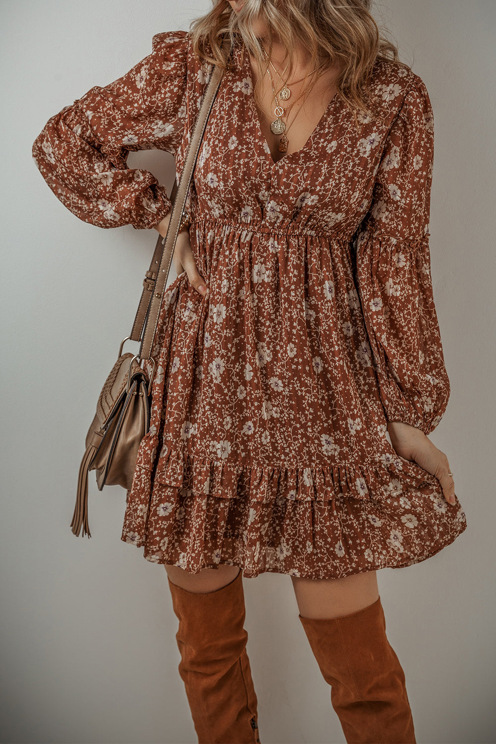 Boho Floral Ruffled V Neck Mini Dress