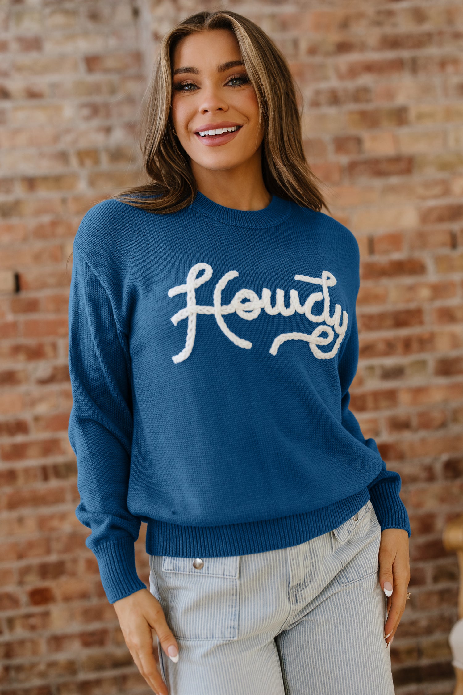 Dusk Blue Howdy Embroidered Graphic Sweater