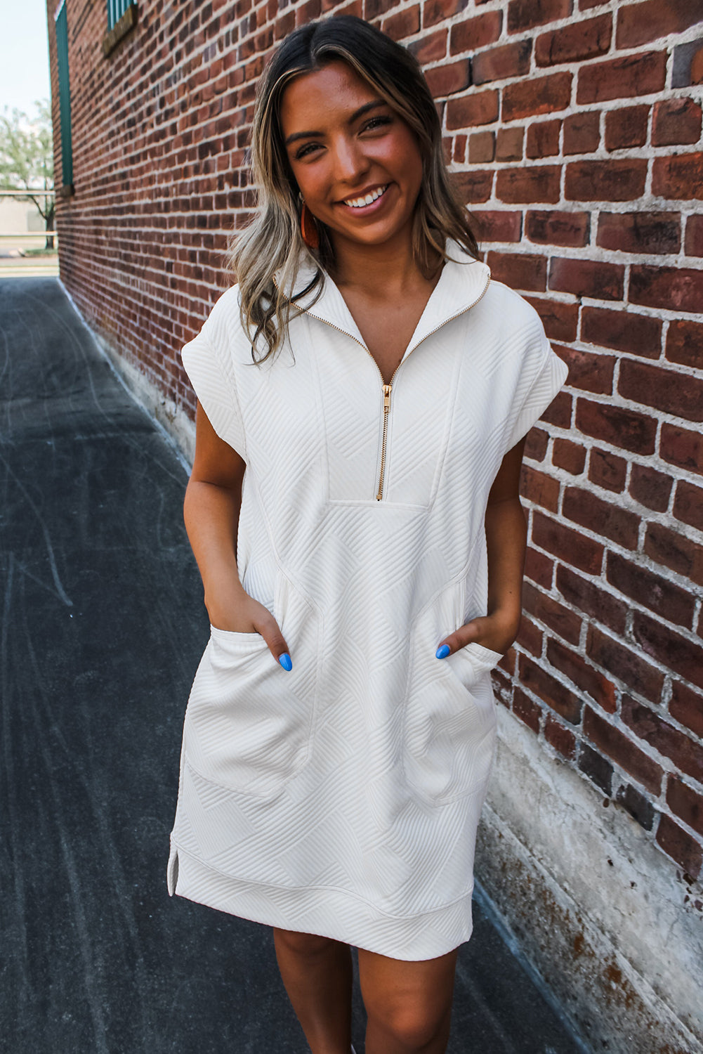 White Textured Half Zip Collared Mini Dress