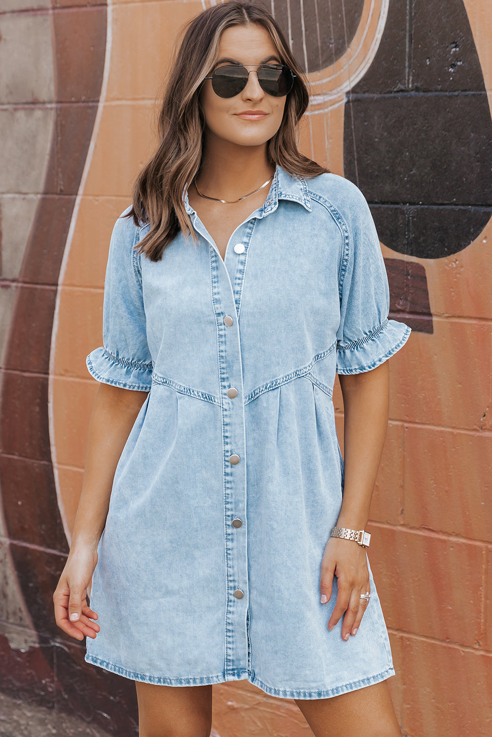 Mineral Wash Ruffled Short Sleeve Denim Dress