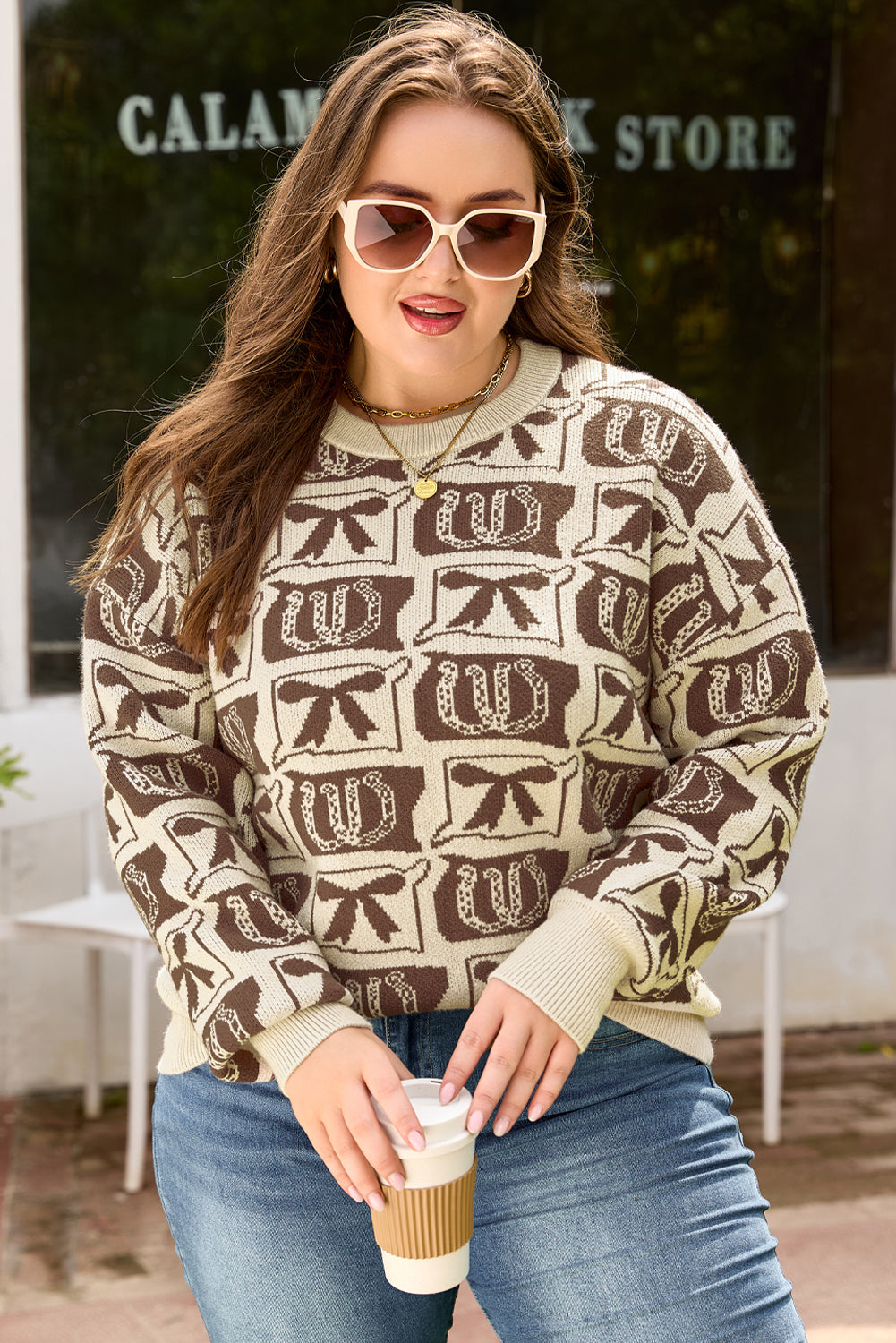 Brown Bow Horseshoe Print Plus Size Sweater
