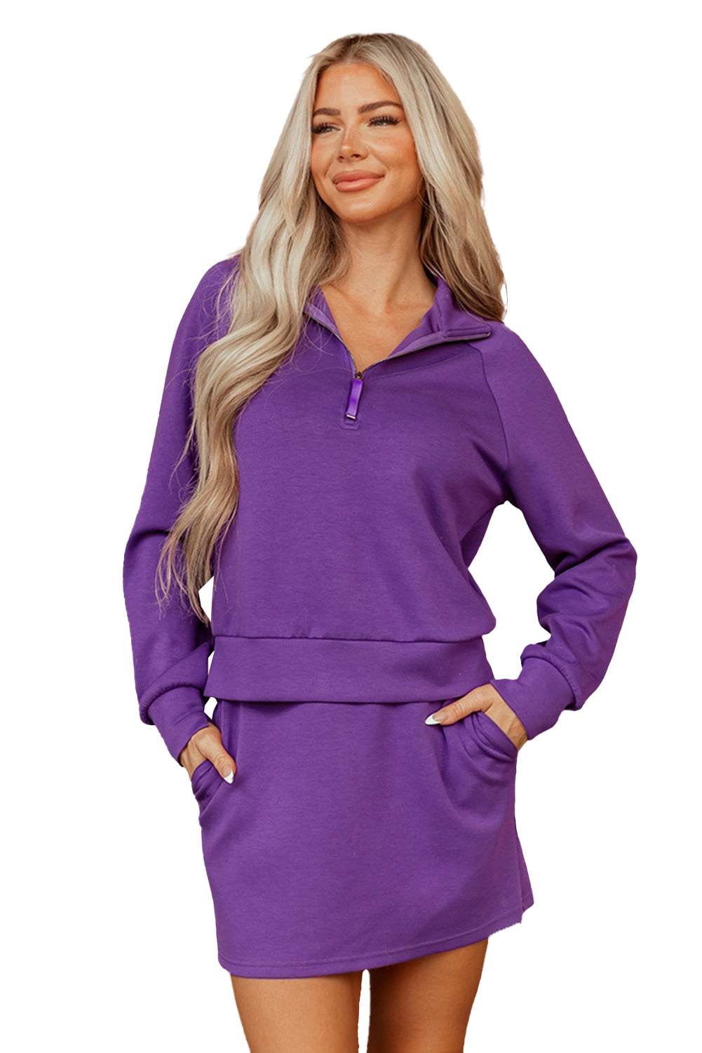 Half Zip Sporty Pullover Mini Skirt 2pcs Outfit