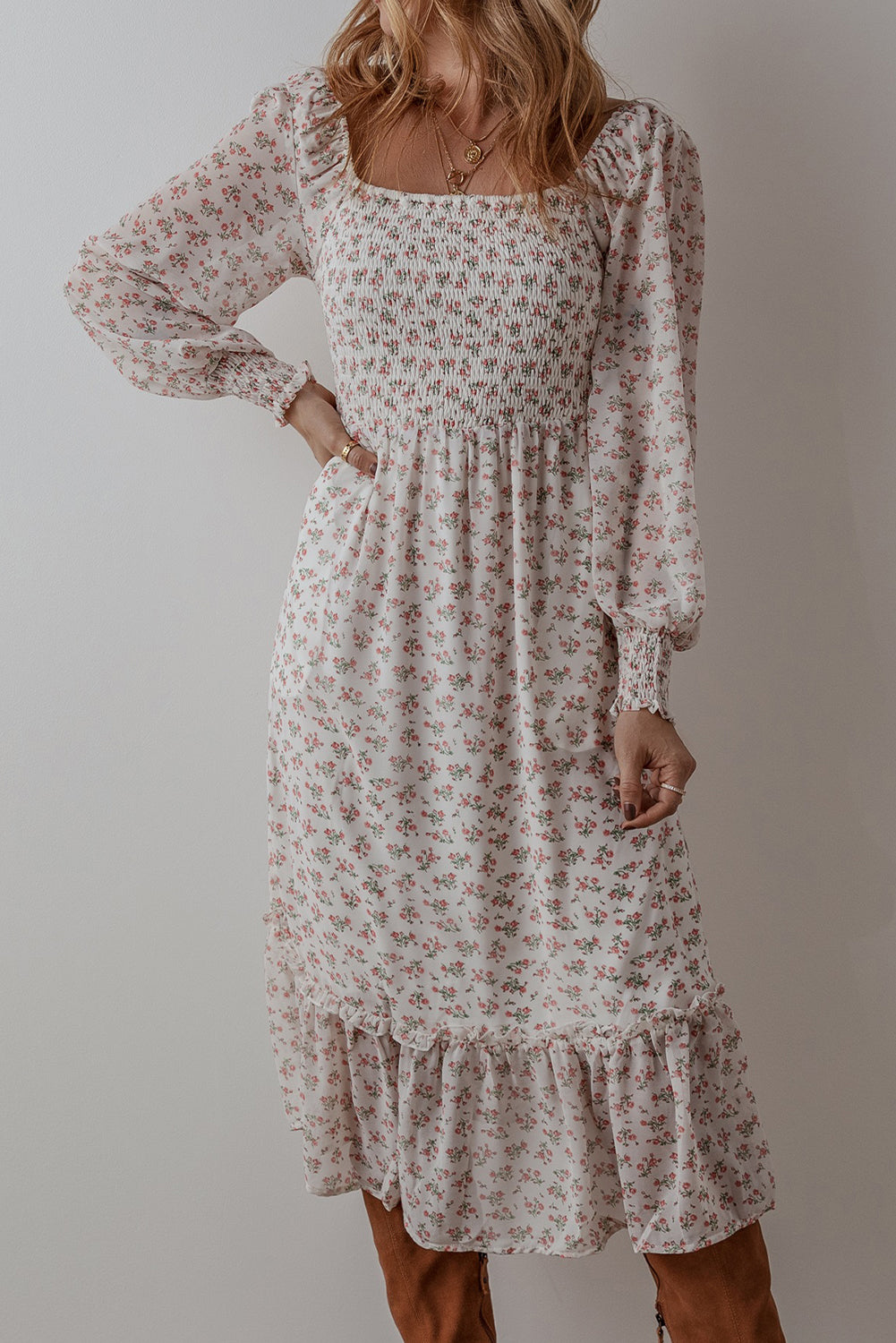 White Floral Print Dress