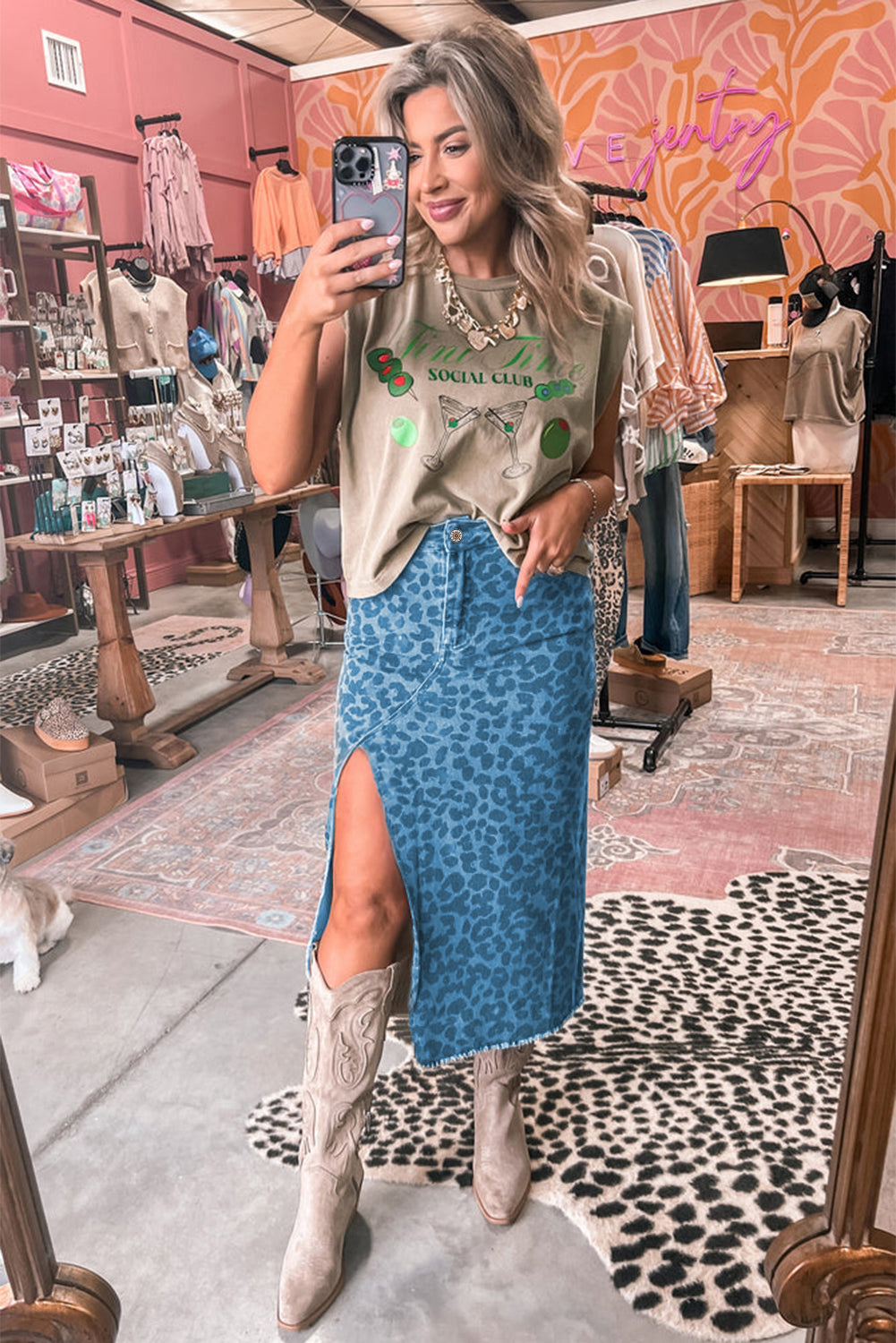 Sky Blue Leopard Denim Frayed Split Denim Midi Skirt