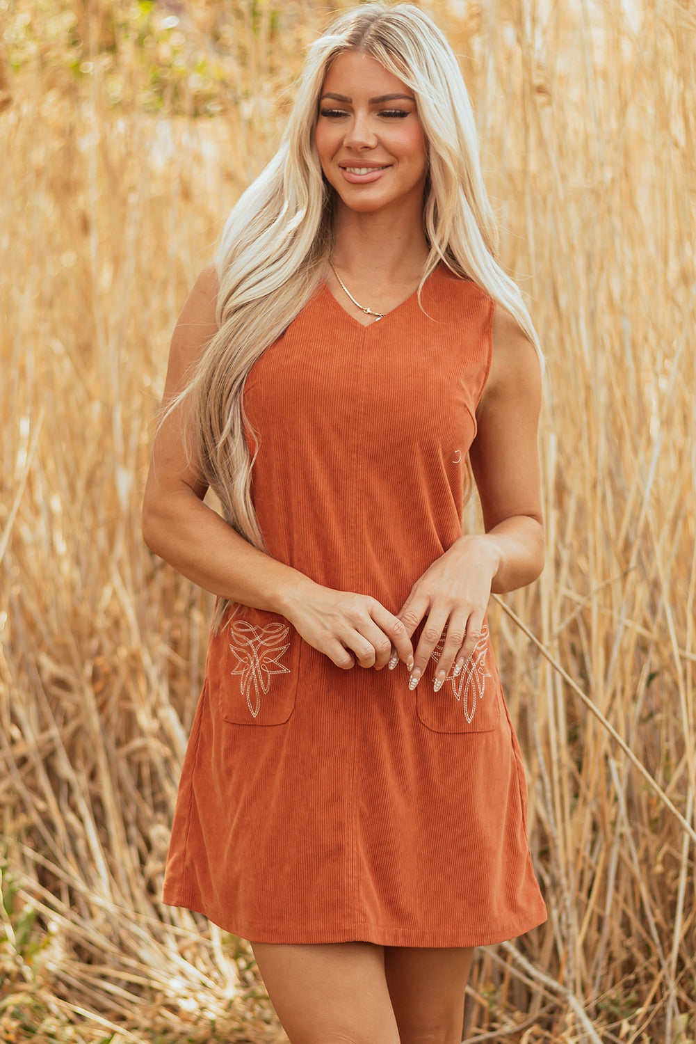 Corduroy Western Embroidered Sleeveless Mini Dress