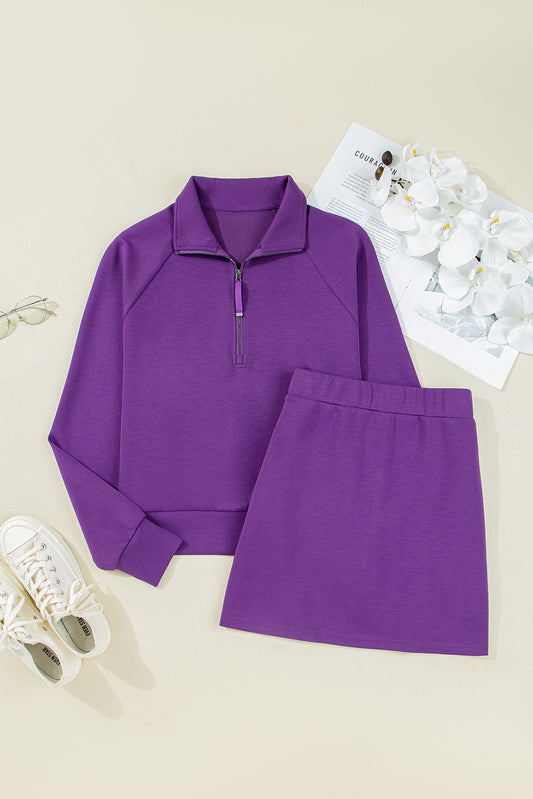 Half Zip Sporty Pullover Mini Skirt 2pcs Outfit