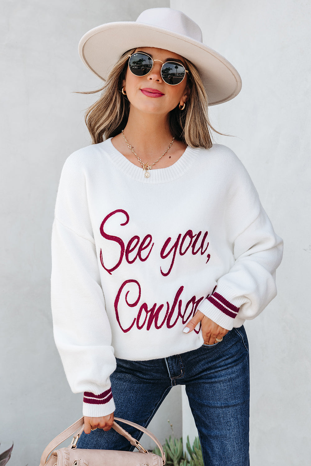 White See You Cowboy Embroidered Western Graphic Sweater