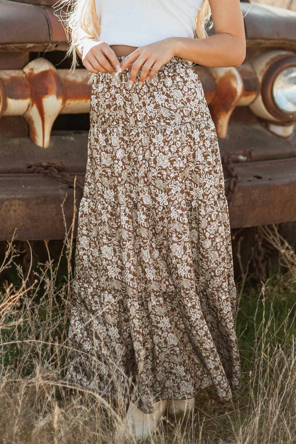 Western Floral High Waist Loose Maxi Skirt