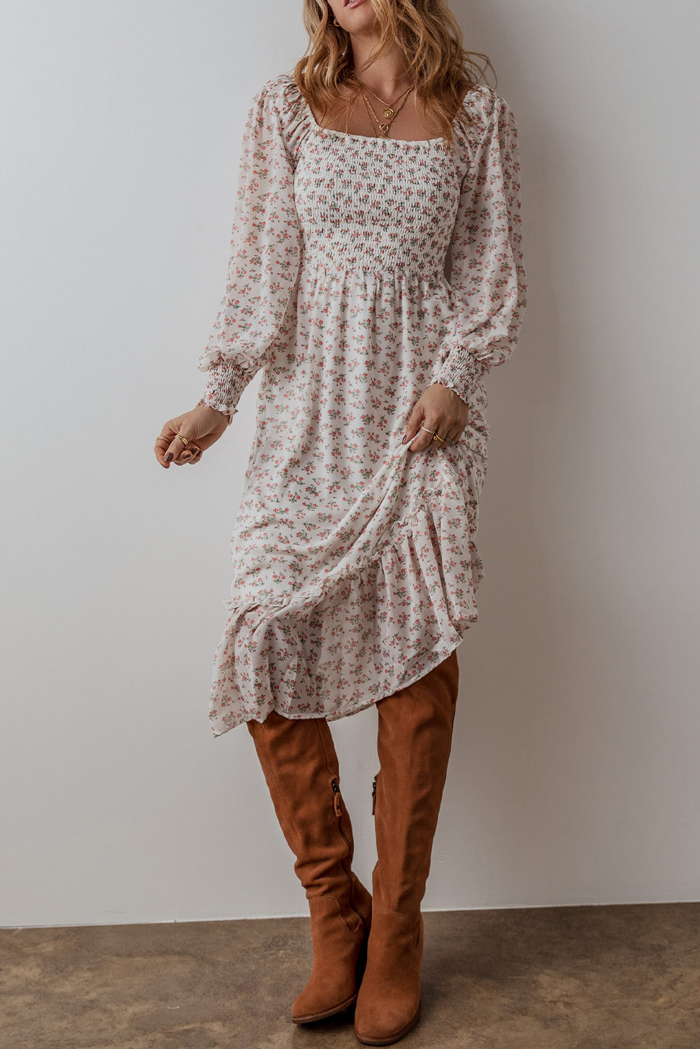 White Floral Print Dress