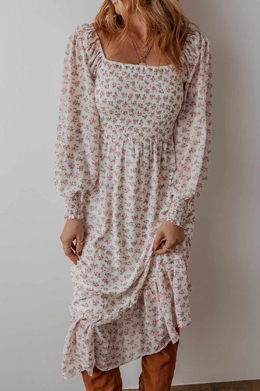 White Floral Print Dress