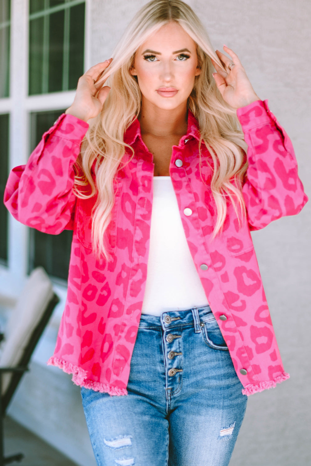 Pink Leopard Print Raw Hem Jacket