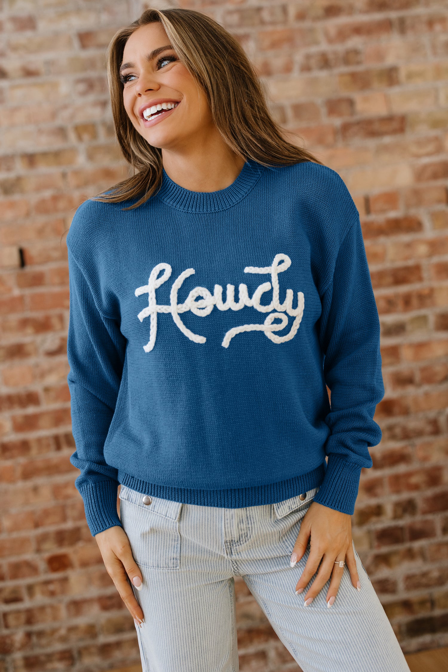 Dusk Blue Howdy Embroidered Graphic Sweater
