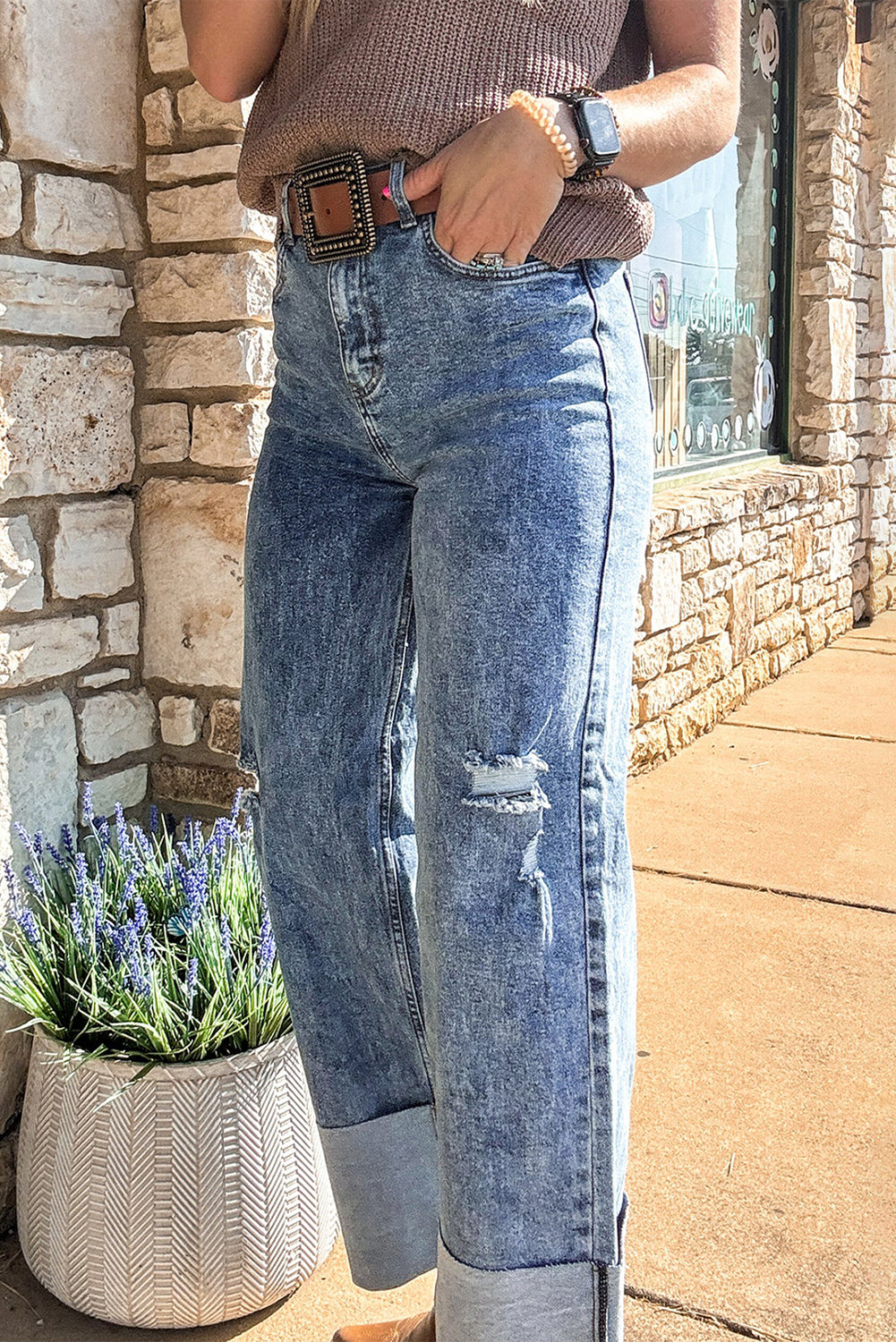 Mineral Wash Bottom Cuff Distressed Wide Leg Jeans