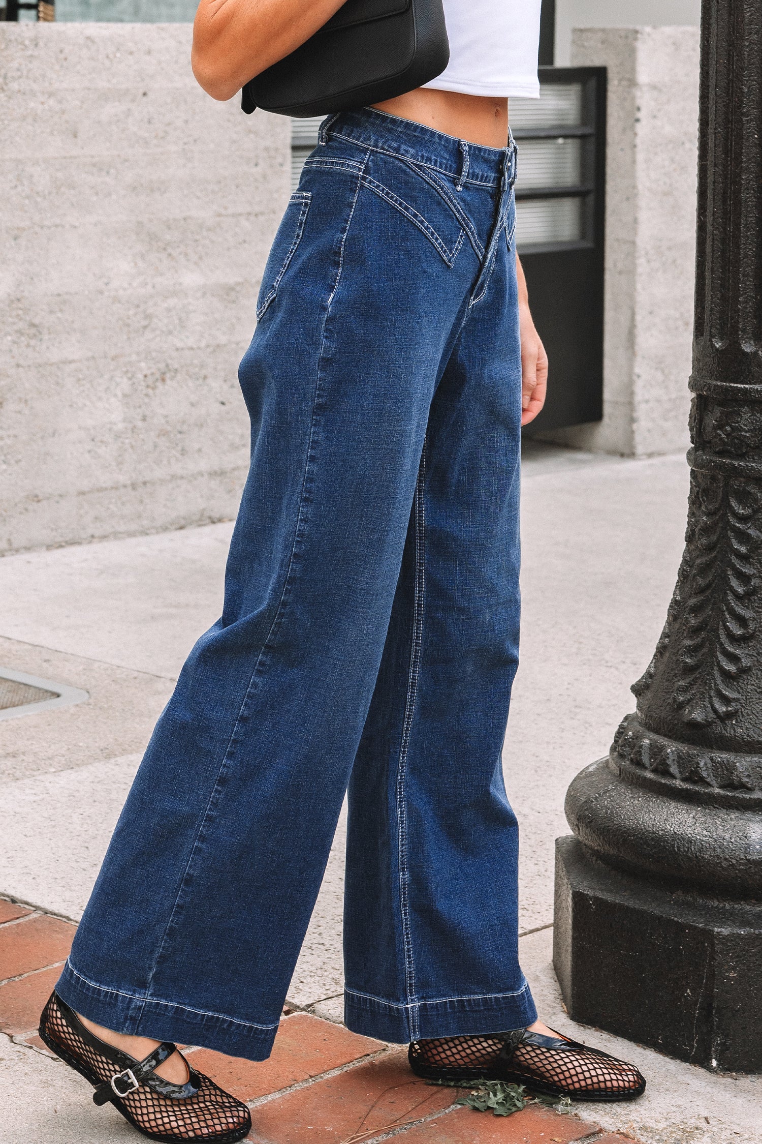 Stitched Waist Detail Loose Cuffed Jeans