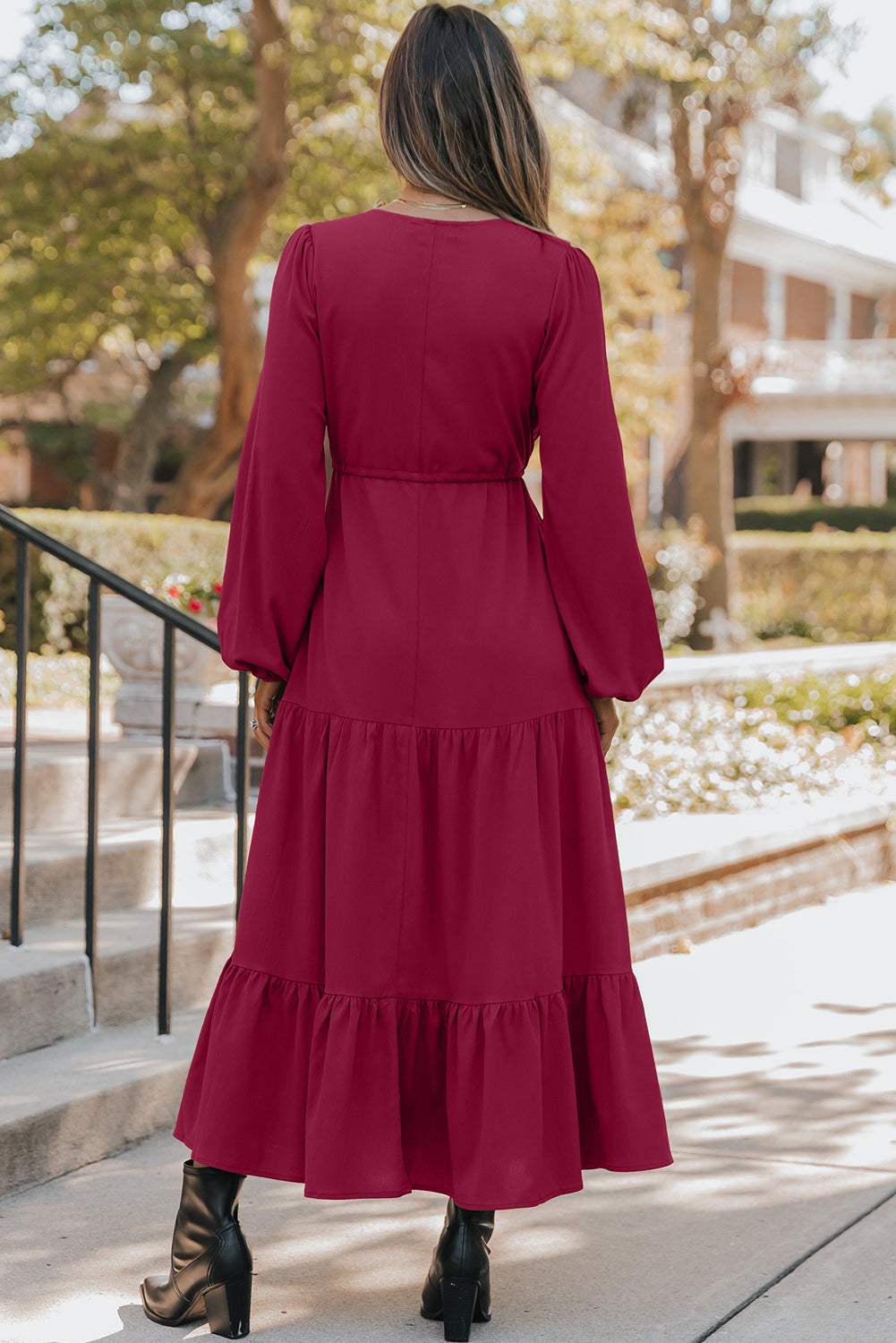 Burgundy Long Sleeve Tiered Maxi Dress