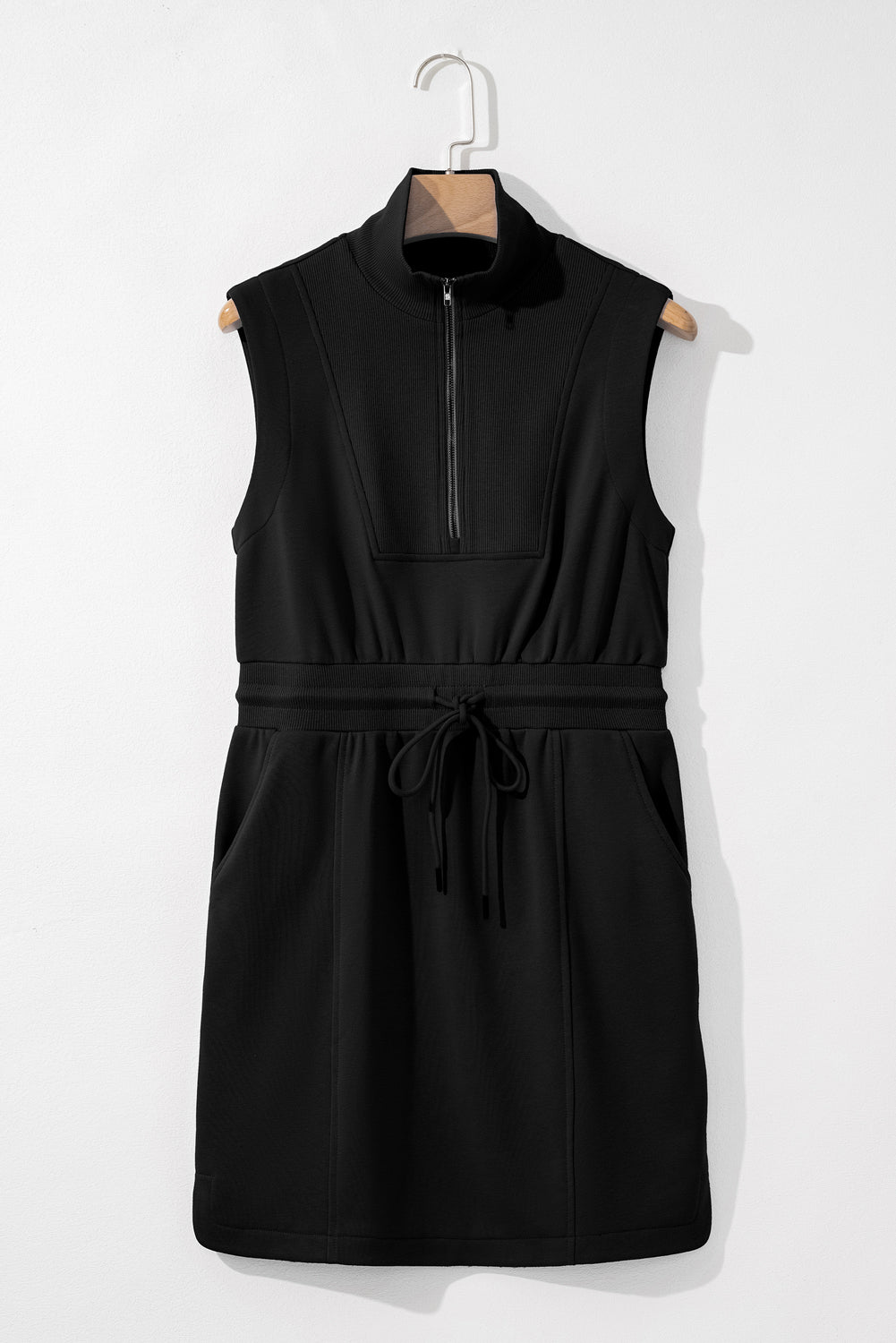 Zipped Collar Sleeveless Drawstring Waist Mini Dress