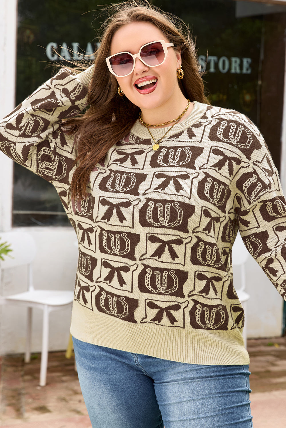 Brown Bow Horseshoe Print Plus Size Sweater