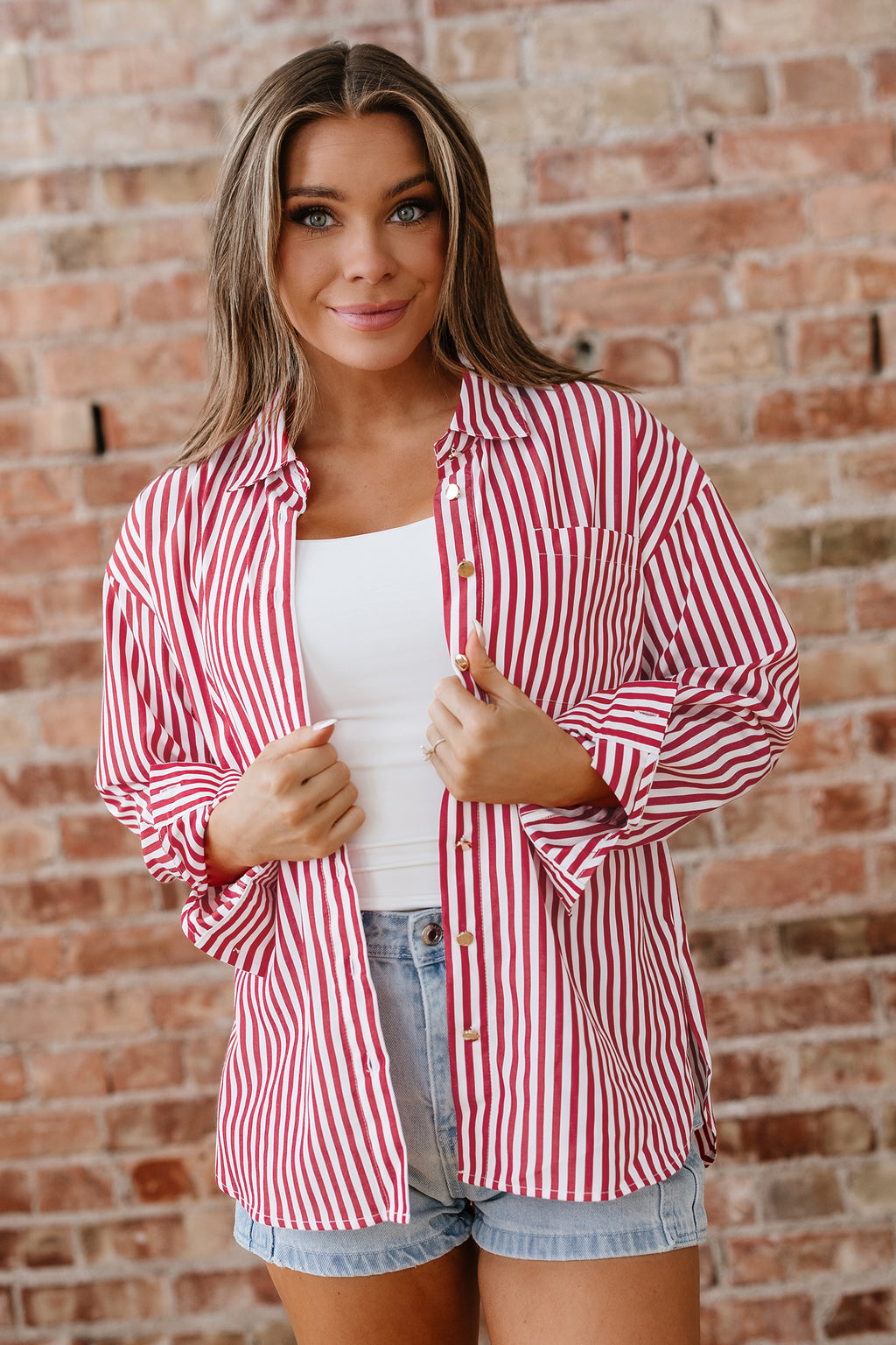 Red Stripe Pocket Side Loose Shirt