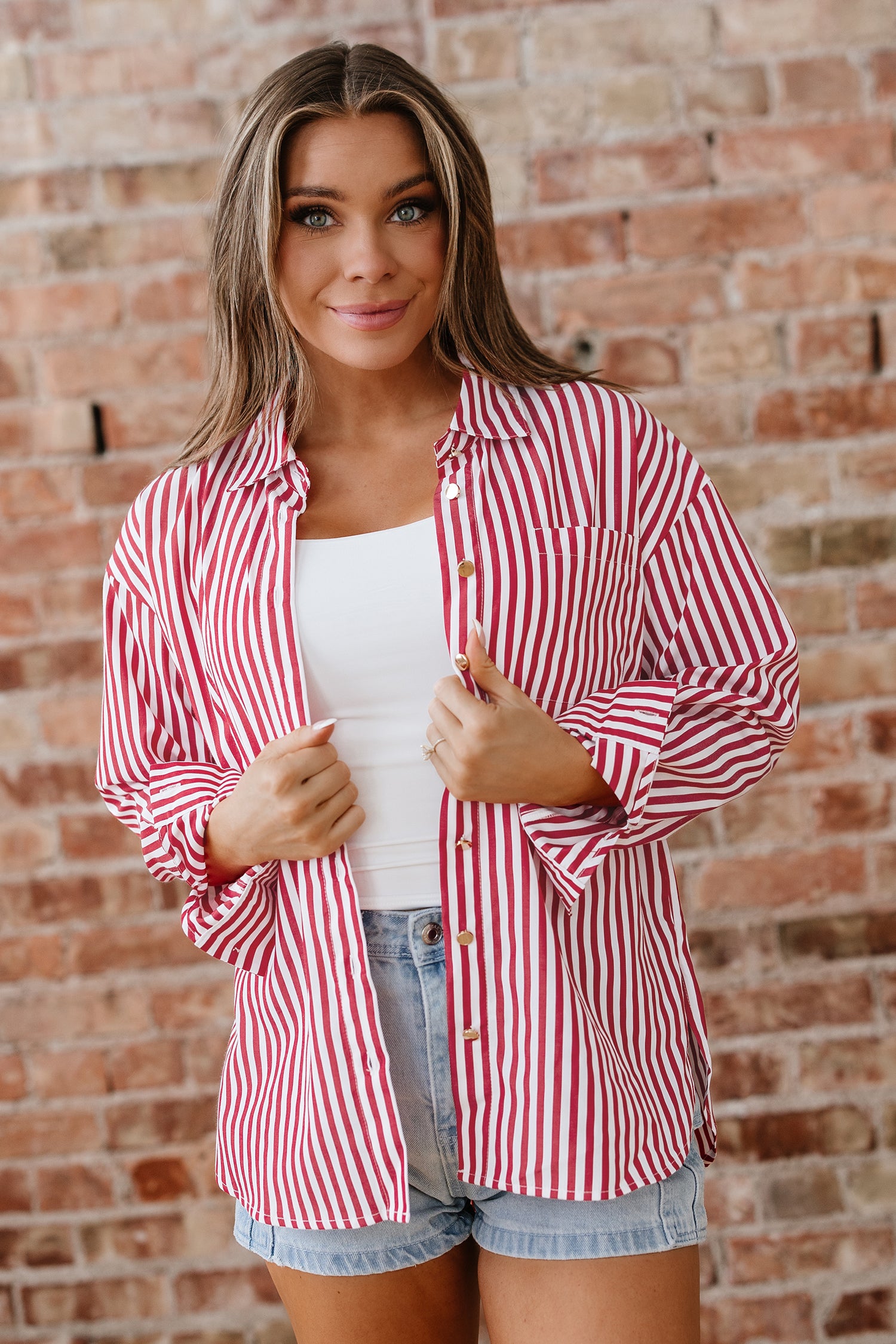 Red Stripe Pocket Side Loose Shirt