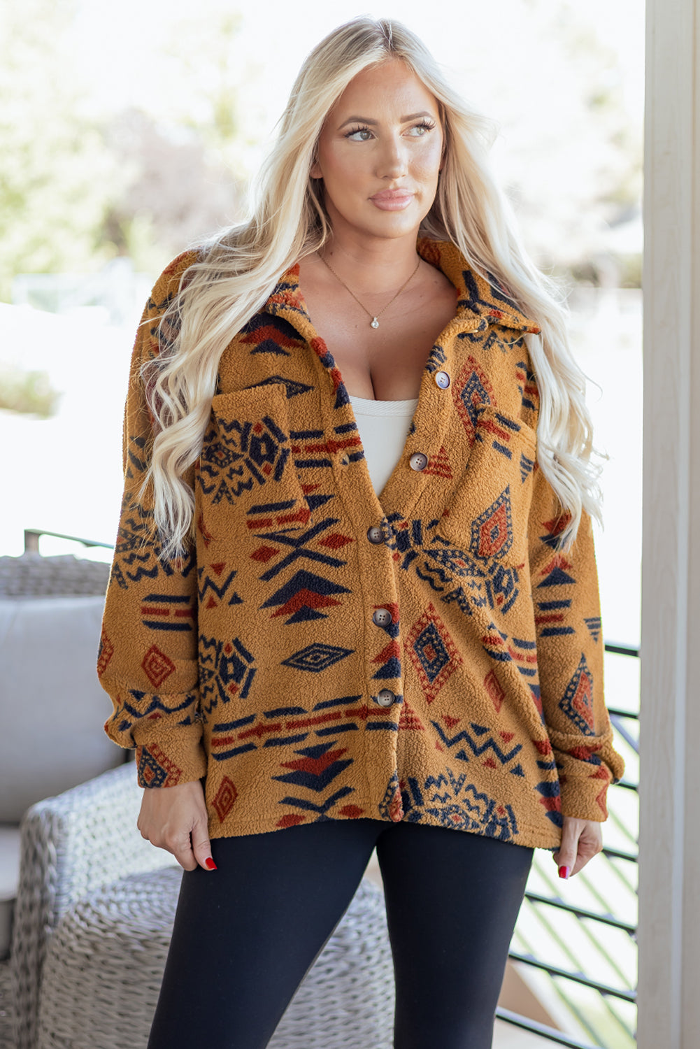 Khaki Western Aztec Pattern Fleece Shacket