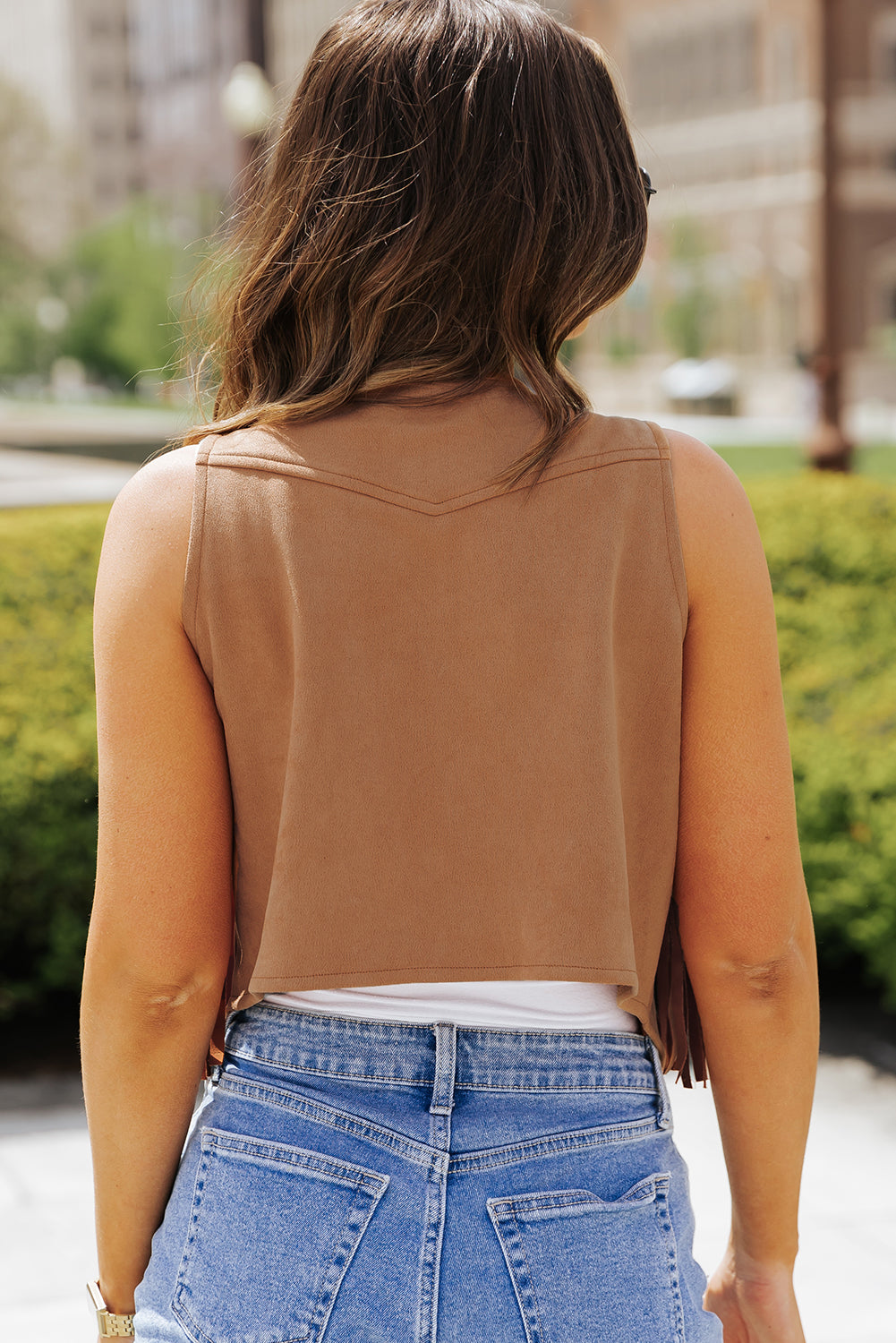 Camel Fringed Snap Button Vest