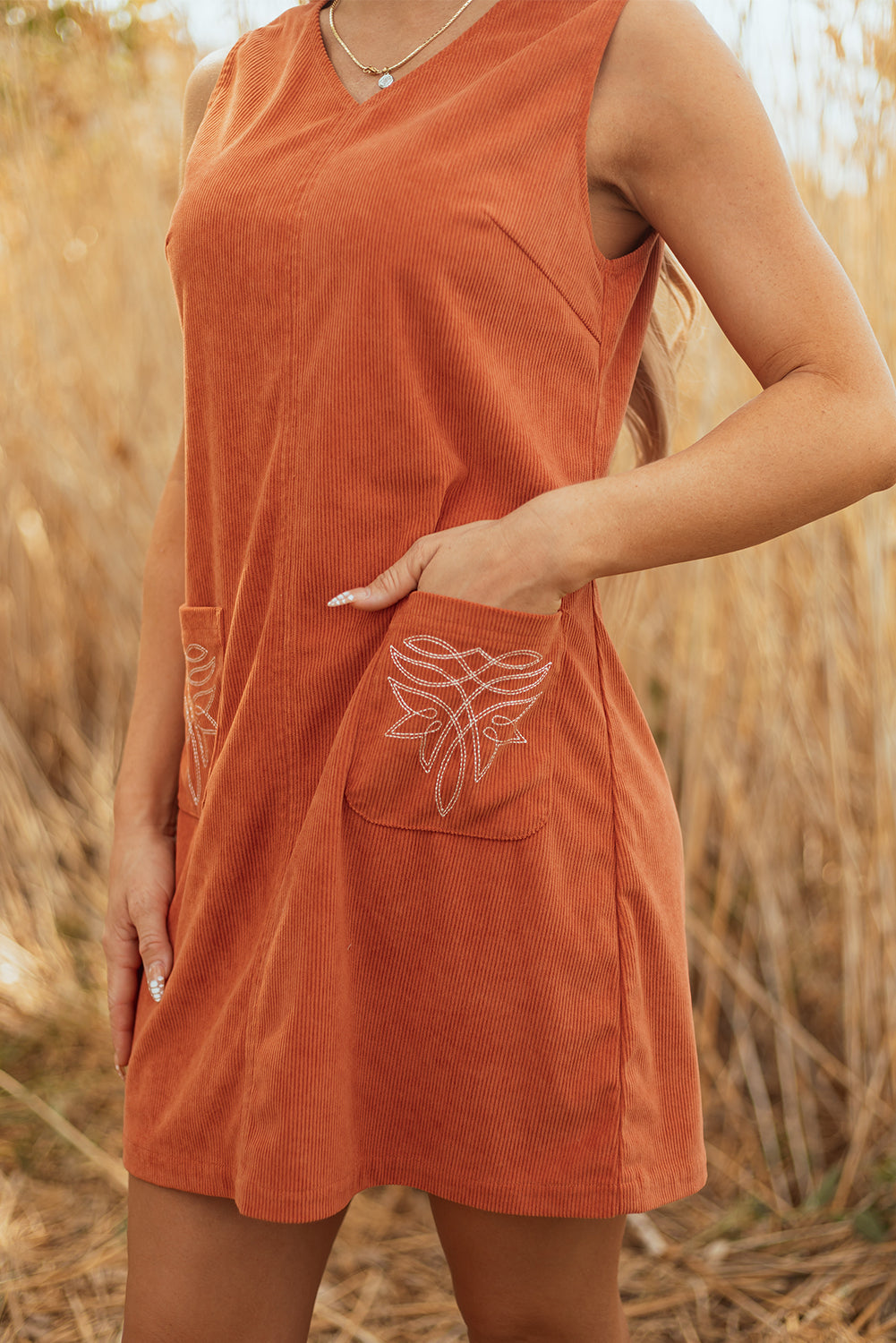 Corduroy Western Embroidered Sleeveless Mini Dress